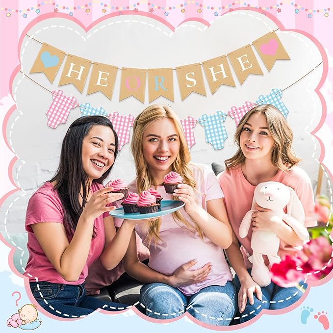 2 Pcs Gender Reveal Decorations Pre-strung He or She Burlap Banner Sign Glitter Baby Suit Bodysuits Banner Girl or Boy Garland for Gender Reveal Baby Shower Birthday Party Decorations