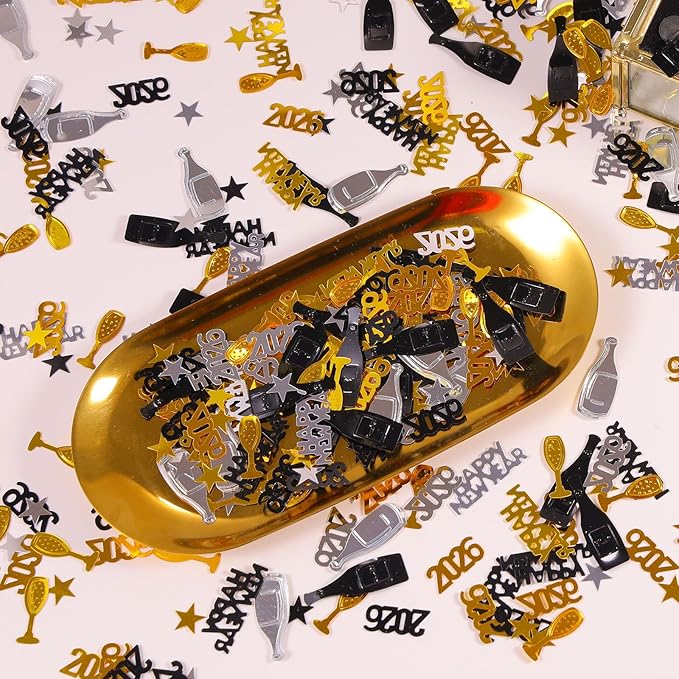 2026 New Years Confetti, 2.12 oz Shinny Metallic 2026 Happy New Year Stars Bottles Mixed Confetti for Tables 2026 New Year Decorations New Years Eve Party Supplies | Silver Black Gold