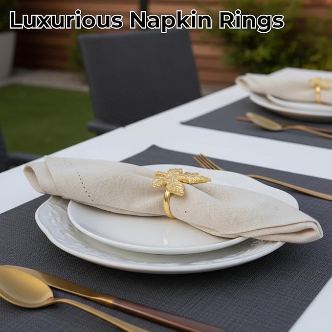 Elegant Handcrafted Leaf Napkin Rings - Set of 12 Premium Aluminum Holders for Dinner Parties, Weddings, Special Occasions & Everyday Dining (Gold) - CLEENTABLE