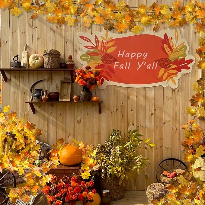 suddus Fall Leaves Garland with Lights, 20LED Battery Operated Fall Lights with Timer, Thanksgiving Decoration for Home, Table, Mantle, Office, Outdoor, Autumn, Halloween, Yellow