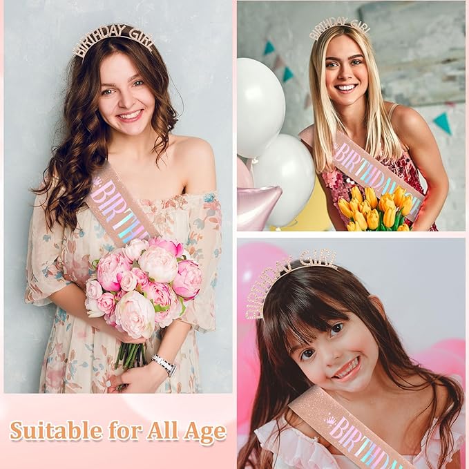 CAVETEE Birthday Girl Crown and Sash， Princess Tiara Happy Birthday Headband Party Accessories for Women and Girls