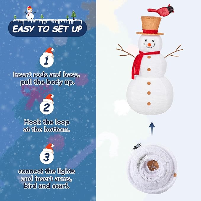 NALONE 4FT Lighted Snowman Christmas Decoration, Cool White Collapsible Snowman with LED Lights and Timer for Outdoor Yard Home