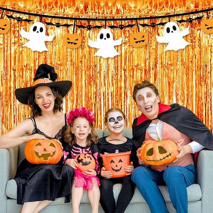 6 Pack Orange Foil Fringe Curtains Backdrop, 3.28 x 9.8 Ft Metallic Streamers Tinsel Curtains Background for Photo Booth, Birthday, Halloween, Christmas, Thanksgiving, New Year Party Decorations