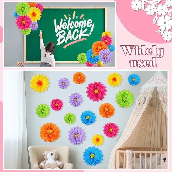 Geyee 18 Pcs Mexican Paper Flowers Colorful Fiesta Tissue Paper Flowers Pom Poms Mexican Carnival for Floral Party Backdrop Wedding Birthday Party Craft, 6" 8" 10"(Bright Color)