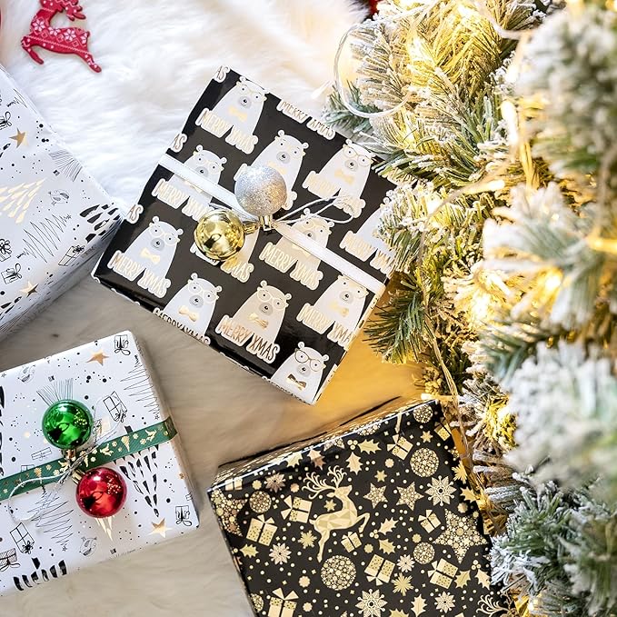 MAYPLUSS Christmas Wrapping Paper Roll - Mini Roll - 17 inch X 120 inch Per roll - 3 Different Black Gold Bear Design (42.3 sq.ft.ttl)