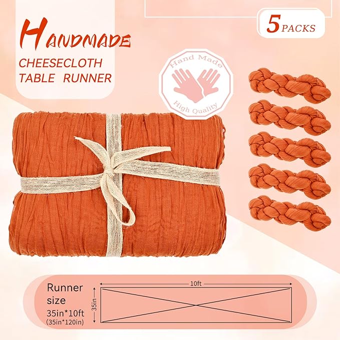 5 Packs Orange Cheesecloth Table Runner, 10Ft x 35" Orange Rustic Gauze Boho Wedding Table Runner Decoration, Wedding Table Decor Table Cloth for Wedding Party Bridal Shower Table
