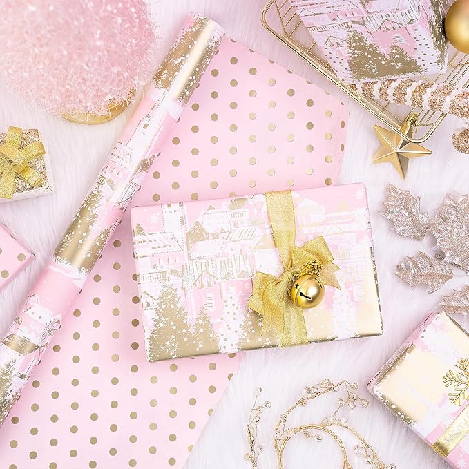 RUSPEPA 30" X 32.8' Reversible Christmas Wrapping Large Paper Roll, Jumbo Roll, Pink Gold Winter Landscape with Snowflake Pattern, Gold Polka Dot Design Gift Wrap for Girls, Women, Xmas Holiday Gifts