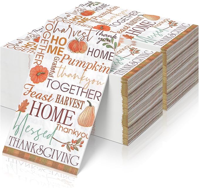200pcs Fall Paper Napkins,Disposable Thanksgiving Guest Napkins Pumpkin Paper Hand Towels for Autumn Harvest Thanks Theme Party Table Home Kitchen Bathroom Decorations,7.9 * 4.3inch
