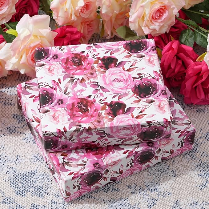 ZINTBIAL Floral Wrapping Paper Roll - Purple Rose Design, 17 Inches x 16.5 Feet, Gift Wrap for Wedding, Bridal Shower, Birthday, Mother's Day,Anniversary, Cut Lines on Back