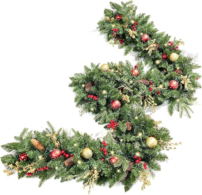 9FT Artificial Christmas Prelit Garland with 50 White Light, Pulg in, Pine Cones, Gold and Red Ball, Red Berris Mantle for Indoor Holiday Door Home Decorations Stairs Fireplaces Wall