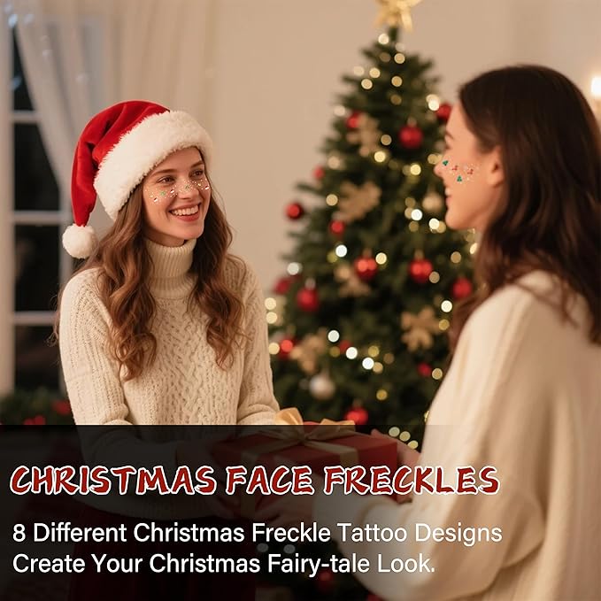 8 Pcs Christmas Face Temporary Tattoos, Ren Green and White Glitter Freckles Face Tattoo for Kids and Women, Waterproof Christmas Accessories Face Makeup for Party Supplies