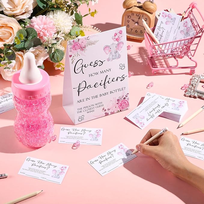 Roowest 512 Pcs Baby Shower Games Guess How Many Pacifiers Sign 100 Small Guessing Games 10 HB Pencils 750ml Milk Bottle 400 Acrylic Pacifiers Decoration for Guest Gender Reveal(Pink,Elephant)