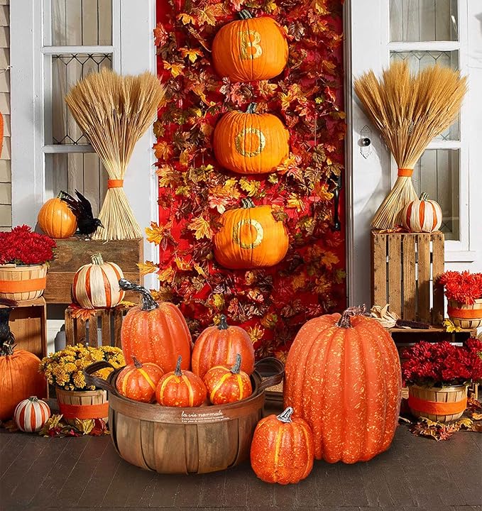 Lvydec Artificial Pumpkins Set Harvest Decoration, 7pcs Assorted Size Orange Pumpkins Realistic Large Pumpkins for Halloween Thanksgiving Autumn Festive Party Supplies (Orange)