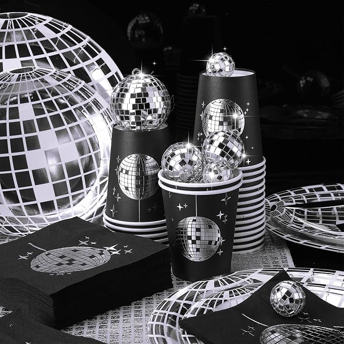 121 Pcs 70s 80s Disco Ball Christmas Party Decorations Disposable Paper Plates Napkins Cups Bachelorette Silver Balls Tableware Set for Wedding Cocktail Birthday Dancing Queen Party(Black, Silver)