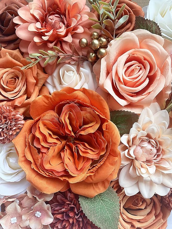 Orange Roses Artificial Flowers Fall Fake Flower Bulk for DIY Wedding Bouquet Bridal Baby Shower Centerpiece Table Decorations Faux Floral Arrangements for Party Home Decor Cake Decorating