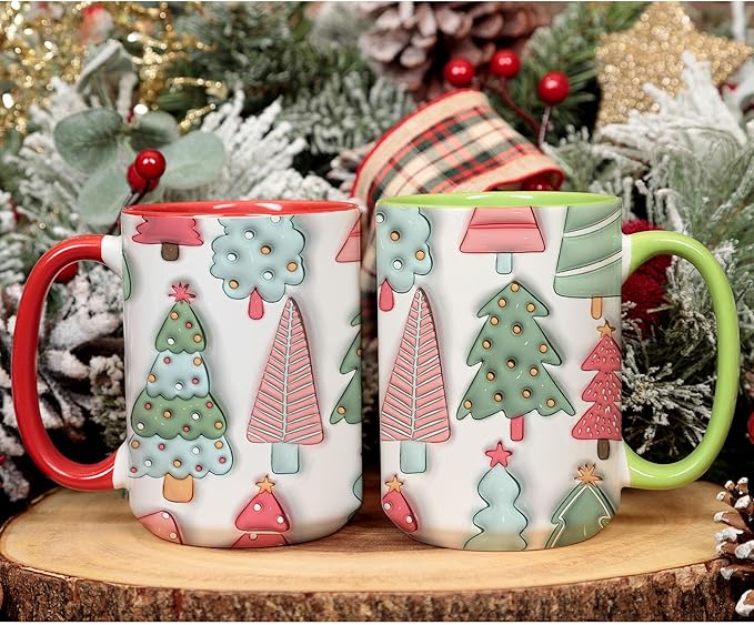 Christmas Trees Xmas 3D Inflated Mugs, Color Accent Coffee Cups, 11oz 15oz, Seasonal Gifts