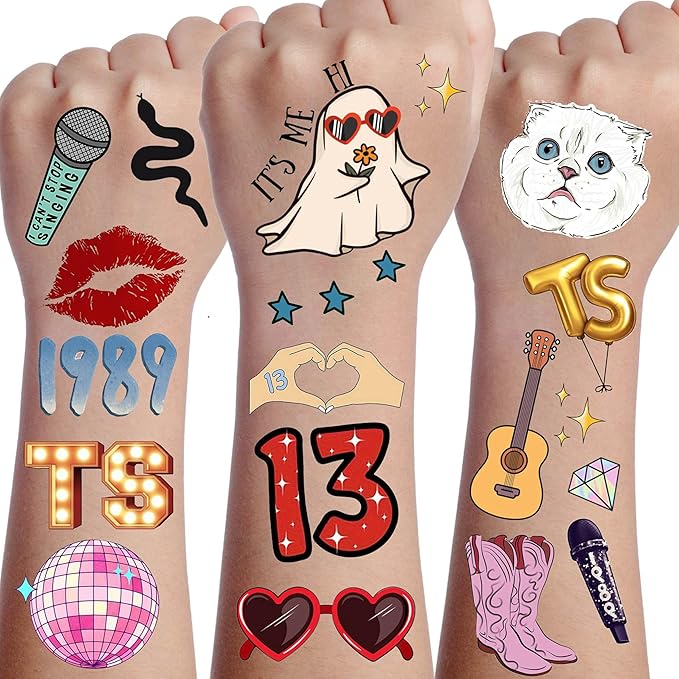 58+ PCS Concert Tour Temporary Tattoos For Fan Women Girls Adults, 3D Disco Fake Hand 13 Face Tattoo Stickers Men, Cartoon Cat Guitar Party Favor Supplies Festival Rave Accessories Decorations