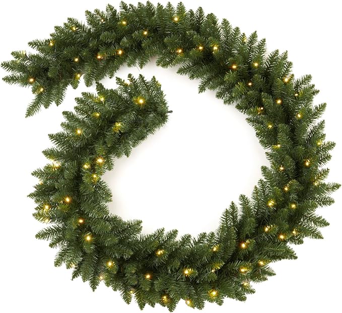Christmas Garland with Prelit 9ft with 50 Warm White Lights, Pulg in, Green PVC Mixed PE for Indoor Holiday Door Home Decorations Stairs Fireplaces Wall