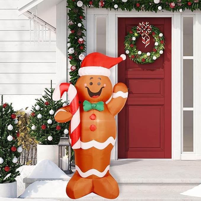 Christmas Inflatable Snowman/Nutcracker/Santa Claus Lighted Blow Up Christmas Yard Decoration with Built in Fan and Anchor Ropes (Gingerbread Man)