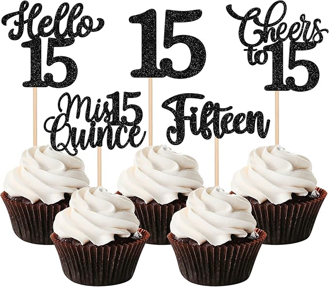 30PCS Happy 15th Birthday Cupcake Toppers Glitter Fifteen Mis Quince Hello 15 Cupcake Picks Cheers to 15 Birthday Decorations for 15th Birthday Anniversary Party Cake Decoration Supplies Black