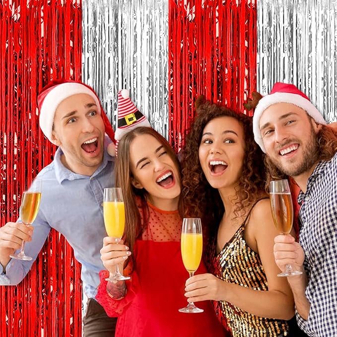 6 Pack Red and Silver Foil Fringe Curtains Backdrop, 3.28 x 8.2 Ft Metallic Streamers Tinsel Curtains Background for Photo Booth, Birthday, Christmas, Halloween, New Year Party Decorations