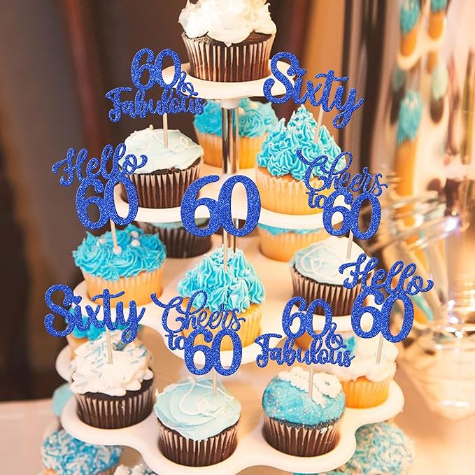 30PCS Happy 60th Birthday Cupcake Toppers Glitter Hello 60 Fabulous Sixty Cheers to 60 Years Old Birthday Cupcake Picks for Happy 60th Birthday Anniversary Party Cake Decorations Supplies Blue