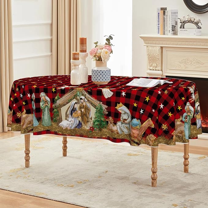 Horaldaily Christmas Tablecloth 60×84 Inch Oval, Holy Nativity Red Buffalo Plaid Washable Table Cover for Party Picnic Dinner Decor