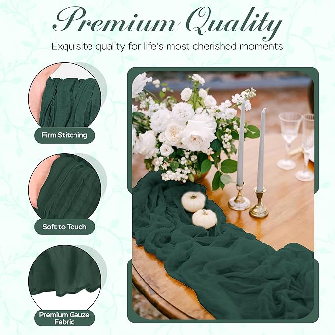 Cheesecloth Table Runner 3 Pack – 35x120 Inch (10ft) Boho Rustic Gauze Cloth Runners – Crinkle Polyester Table Decor for Wedding, Baby Shower, Bridal Shower, Birthday Party and More (Emerald Green)