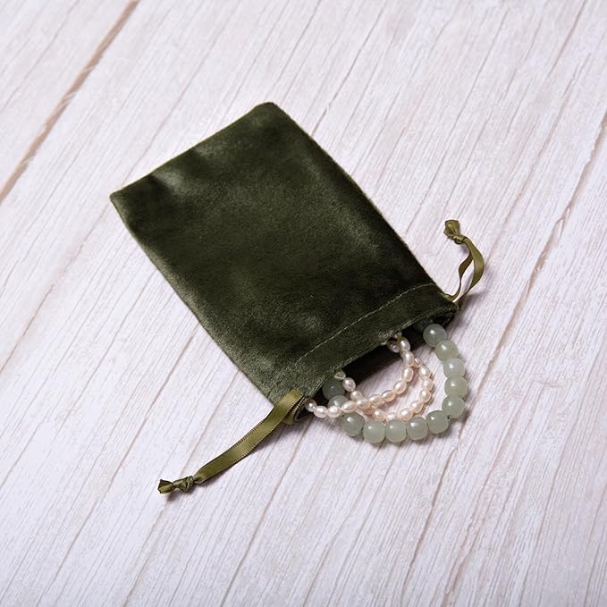 QIANF 12pcs Moss Green Velvet Drawstring Bags 4x6 inches Glossy Small Velvet Cloth Gift Bags Jewelry Pouches for Jewelry Storage Wedding Party Favor Christmas