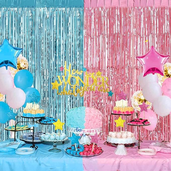 4 Pack 3.2Ft x 9.8Ft Pink Blue Foil Fringe Curtain Backdrop, Metallic Tinsel Foil Fringe Streamers Curtains for Photo Booth, Wedding, Gender Reveal Backdrop Boy or Girl Birthday Party Decoration