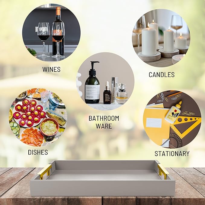 Leather Serving Tray with Gold Polished Metal Handles, Home Decorative Wooden Rectangle Ottoman Decor Platter Bathroom Vanity Tray for All Occasions Grey