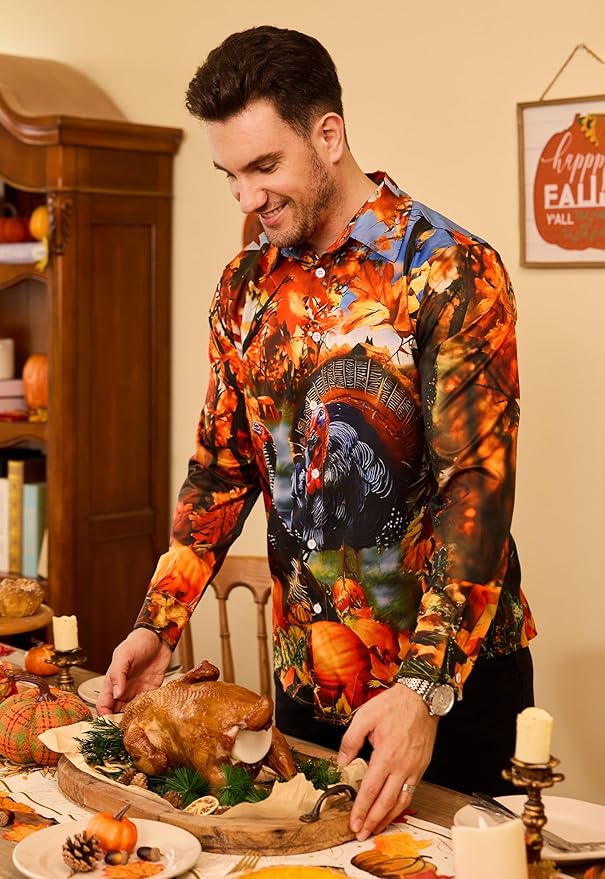 Arvilhill Men's Thanksgiving Long Sleeve Shirt Turkey Pattern Button Down Shirts Family Gathering Fall Festival Wear (S-3XL)