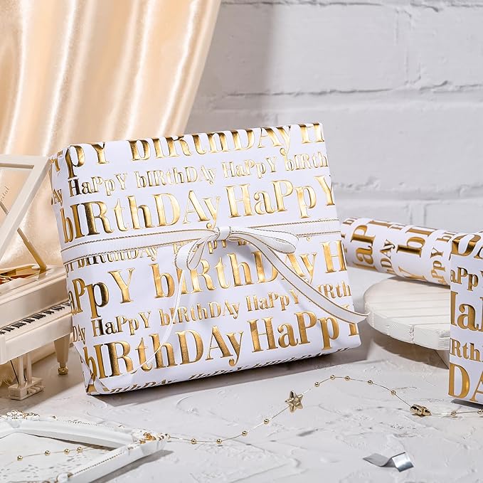 WRAPAHOLIC 3D Kraft Birthday Wrapping Paper Roll - Mini Roll - 17 Inch x 16.5 Feet - Gold and White Happy Birthday Lettering Design with Embossed Perfect for Holiday, Party Celebration