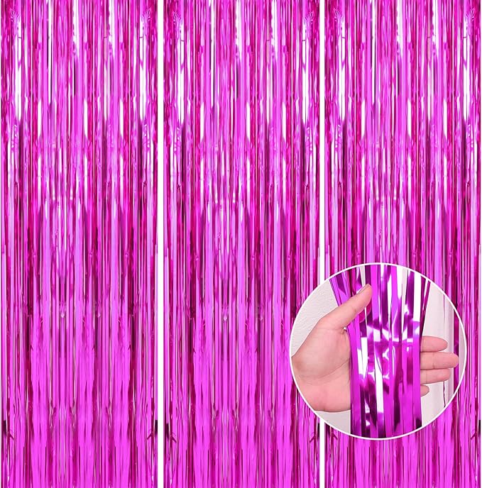 Crosize 3 Pack 3.3 x 9.9 ft Hot Pink Foil Fringe Backdrop Curtains, Streamer Backdrop Curtains, Streamers Birthday Party Decorations, Tinsel Curtains for Parties, Photo Booth Backdrops