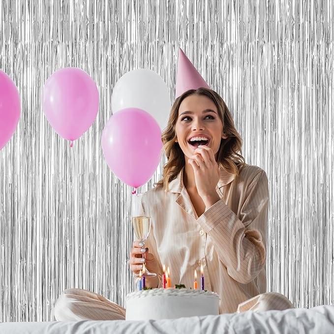 12 Pack Silver Backdrop. 3.28 FT x 7.05 FT Birthday Decorations, Metallic Silver Fringe Backdrop Foil Curtains Tinsel, Disco Party Decor Photo Booth Props Door Decorations Hanging