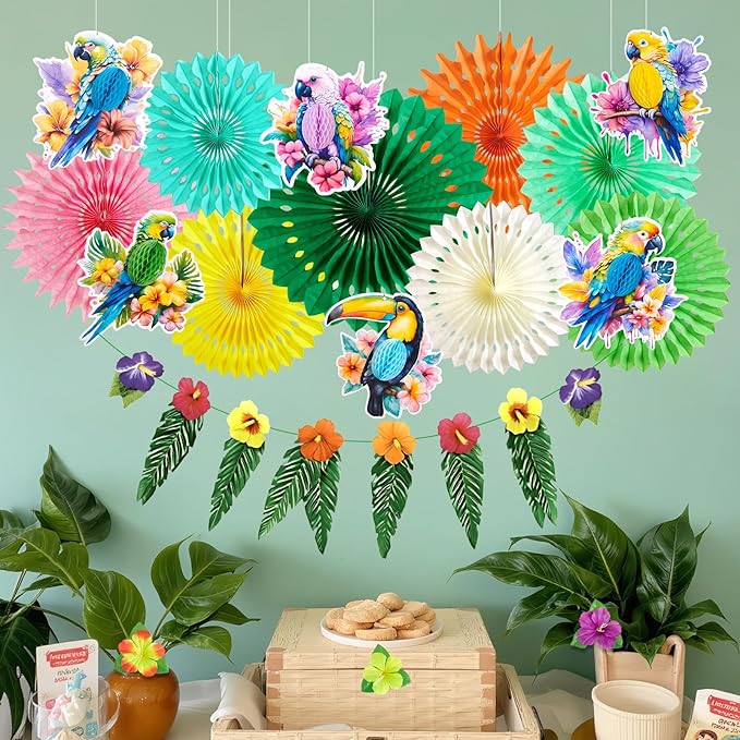 PAPER JAZZ Tropical Toucan Hibiscus Party Decorations, Hawaiian Jungle Theme Supplies, Yellow Pink Hanging Ornaments for Luau Tiki Party