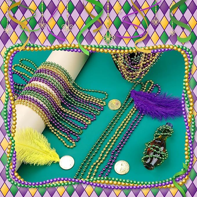 SHAOQINLIN Mardi Gras Beads, 24Pcs Mardi Gras Beads Necklaces 33'' 7 mm Metallic Gold Green Purple Bead Necklaces Mardi Gras Decorations for Mardi Gras, Christmas, Party Favors
