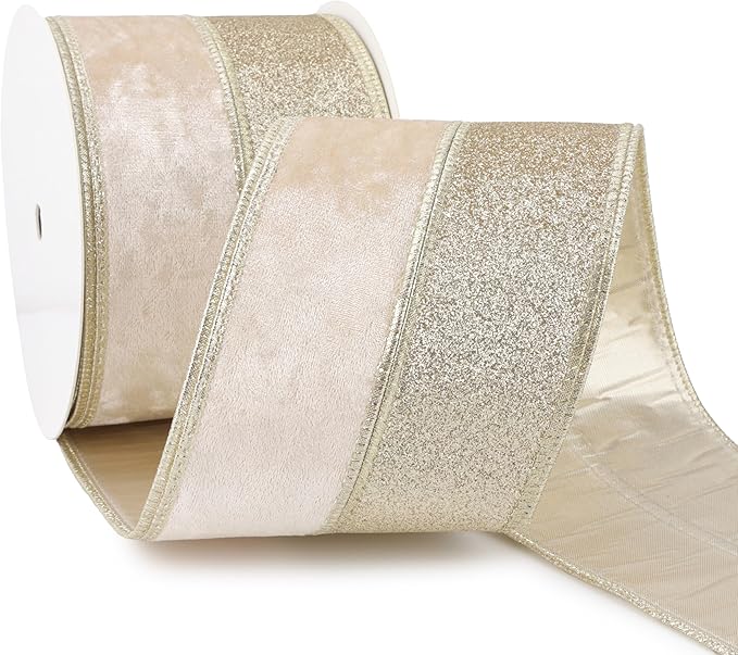 Champagne Velvet and Glitter Wired Christmas Ribbon 4 Inch – 10-Yards Roll for Tree Decorations, Gift Wrapping, Wreaths, and DIY Crafts
