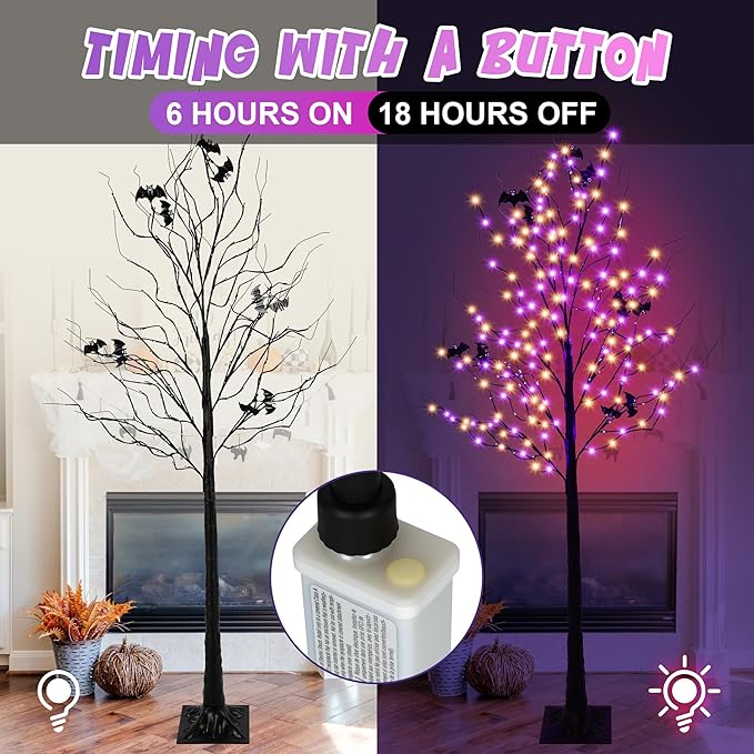 Halloween Lighted Tree with 260 LED Lights, 6FT Black Halloween Tree with Timer, 8 Modes, Dimmable, Spider Web & Bats DIY, Indoor Outdoor Halloween Decorations