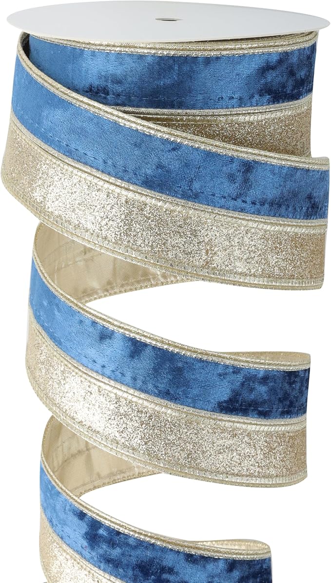 Navy Blue Velvet Wired Christmas Ribbon 2.5 Inch Blue and Gold Holiday Ribbon – 10-Yards Roll for Tree Decorations, Gift Wrapping, Wreaths, and DIY Crafts