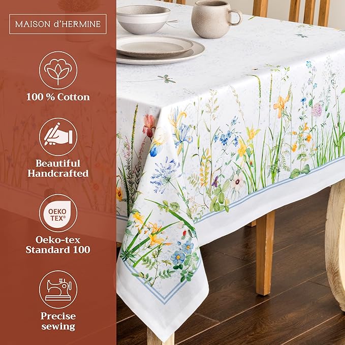 Maison d' Hermine Table Cloth Rectangle Table 100% Cotton 60 x 120 Inches Tablecloth Reusable Decorative for Dining Room, Farmhouse, Home, Party, Festive & Wedding Spring Summer - Fleurs De Mai
