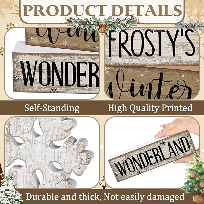 4 Pcs Christmas Table Decorations Wooden Snowflake Decor Winter Tiered Tray Decor Rustic Snow Block Signs Gift Farmhouse Christmas Centerpiece for Winter Wonderland Party Kitchen Home