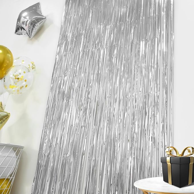 LOLStar 10 Pack Silver Party Decorations 3.3x6.6 ft Silver Foil Fringe Curtains Tinsel Backdrop Photo Booth Prop Streamer for Engagement Wedding, Birthday, Bridal Shower Disco Bachelorette Party Decor