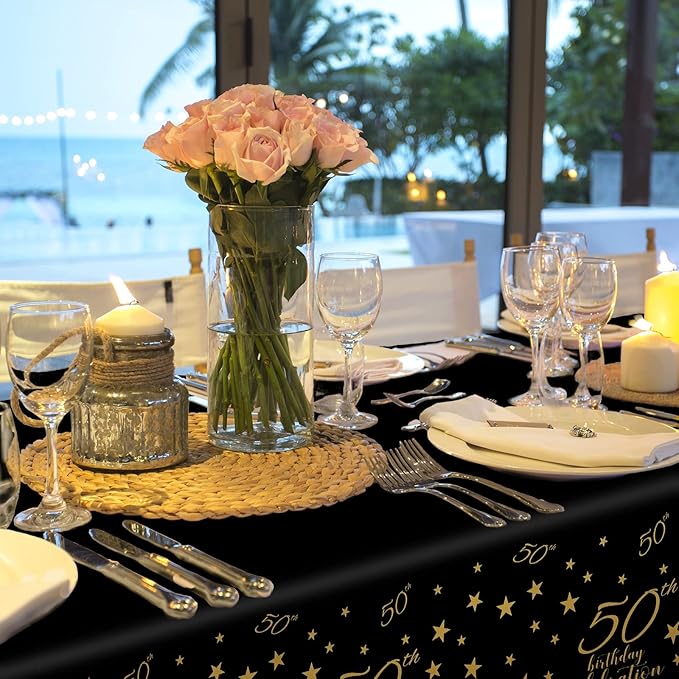 Gatherfun 50th Birthday Disposable Tablecloth 4 Pack Gold and Black Waterproof Plastic Table Cover for Men Woman 50 Birthday Party Decorations