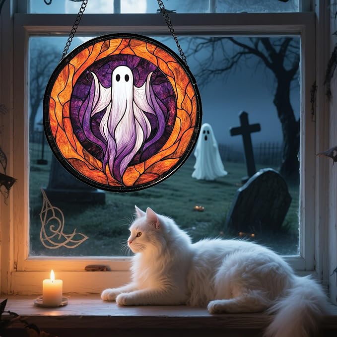 Stained Glass Window Hanging - Halloween Decorations White Purple Ghost Suncatcher for Doors Garden Indoor Spooky Funny Sun Catchers Gothic Decor Horror Gifts for Women Men Friend 9.8 in