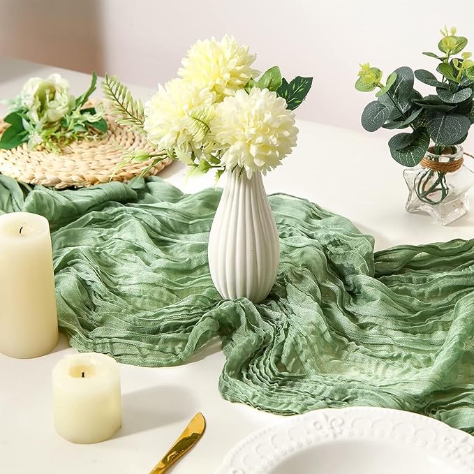 12 Pack Cheesecloth Table Runner, 35 x120 Inch Boho Gauze Sage Green Table Runner 10ft Rustic Sheer Long Cheese Cloth Runners for Christmas Wedding Party Baby Shower Table Decor