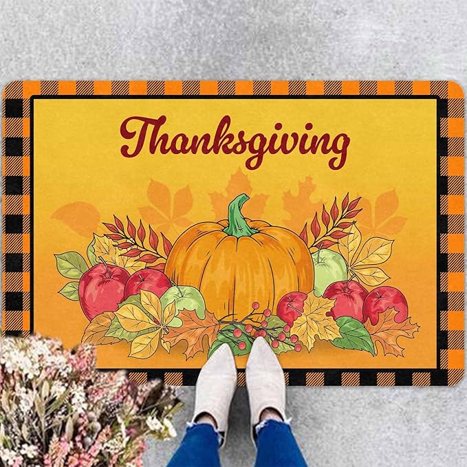 InterestPrint Happy-Thanksgiving Welcome Harvest Pumpkin Door Mat Front Door Outdoor Doormat Outside Entrance Porch Non Slip Rubber Rug Autumn Thanksgiving Farmhouse Decor, 24"x16"inch