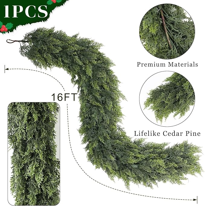16FT Cedar Garland for Fireplace - Artificial Christmas Garland Thick and Lush Realistic Faux Cedar Fake Pine Needles Garland for Table,Window,Stairs,Mante,Indoor Outdoor Decor (1PCS)