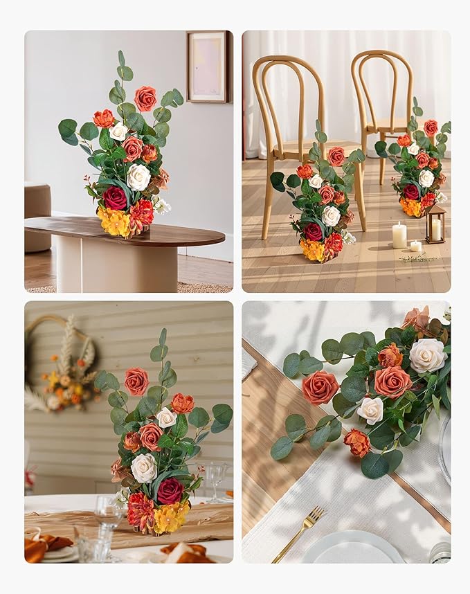 VEVOR Standing Artificial Flowers Arrangements 4 PCS, 17.5-Inch Tall Faux Flower Decorations for Wedding Aisle Runner Chair, Orange Floral Centerpieces for Ceremony Reception Party Outdoor Decor