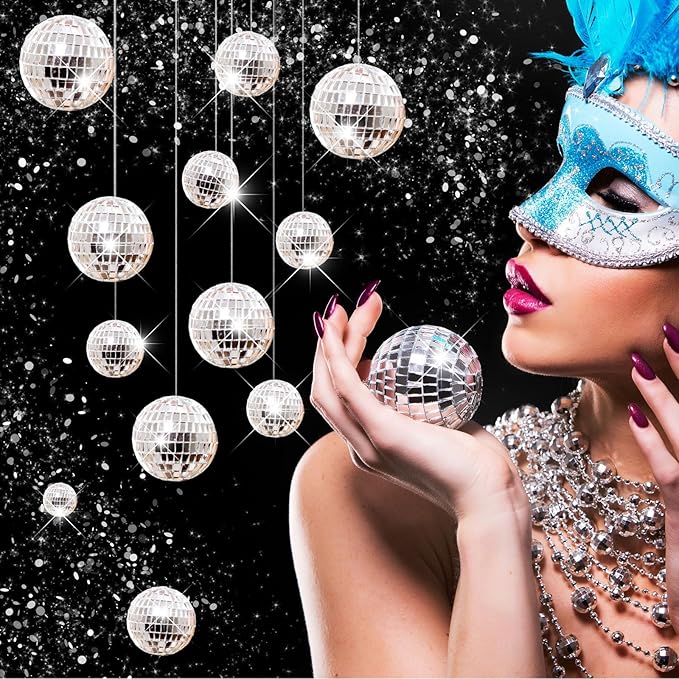 Hoolerry 200 Pcs Mini Mirror Disco Ball Ornaments Mardi Gras Small Silver Hanging Decorations Reflective Tiny Balls Bulk for 70s 80s 90s Disco Party, Christmas Tree(2'', 1'')